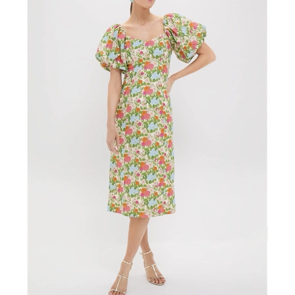 HYACINTH HOUSE Green Multi Begonia Floral Sallie Midi Dress Sz M Vacation